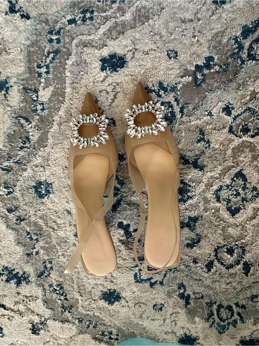 Zara Embellished Pointed Toe Slingback Flats in Nude